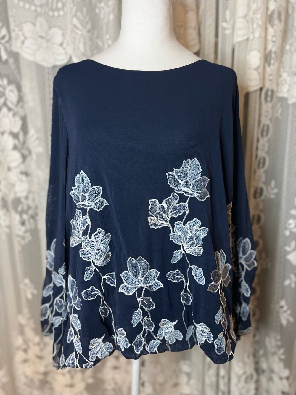 Alfani Navy Long-Sleeve Top with Light Blue Floral AppliquΓ©